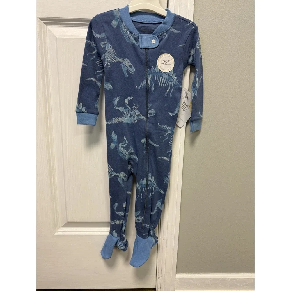 Burt's Bees Organic Cotton Blue Dino Dinosaur Zip Up PJs Pajamas-size 6-9 Month